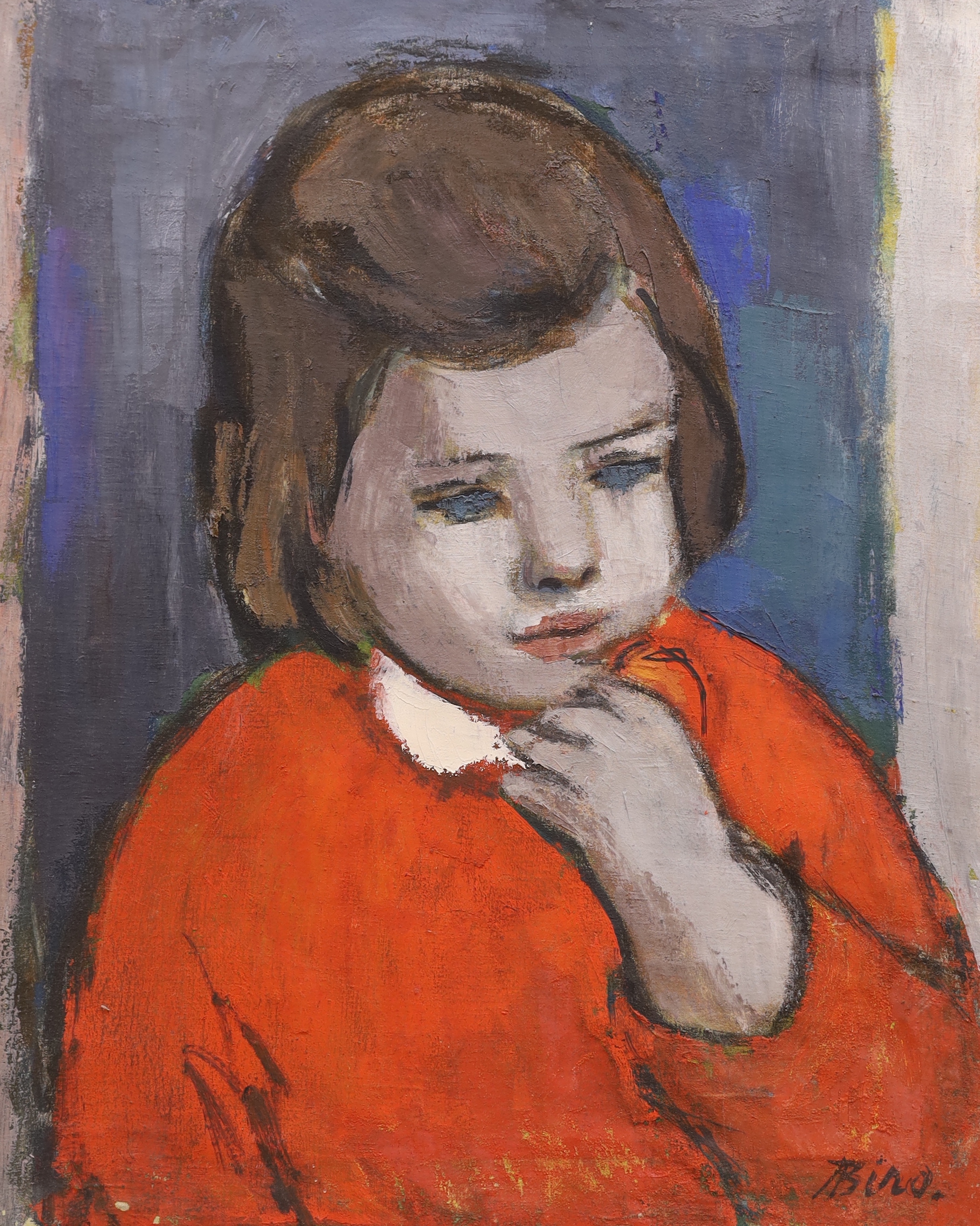 Akos Biro (Hungarian, 1911-2002), two oils on canvas, Mountainous landscape and Portrait of a child, one signed A Bino, largest 46 x 38cm, one unframed